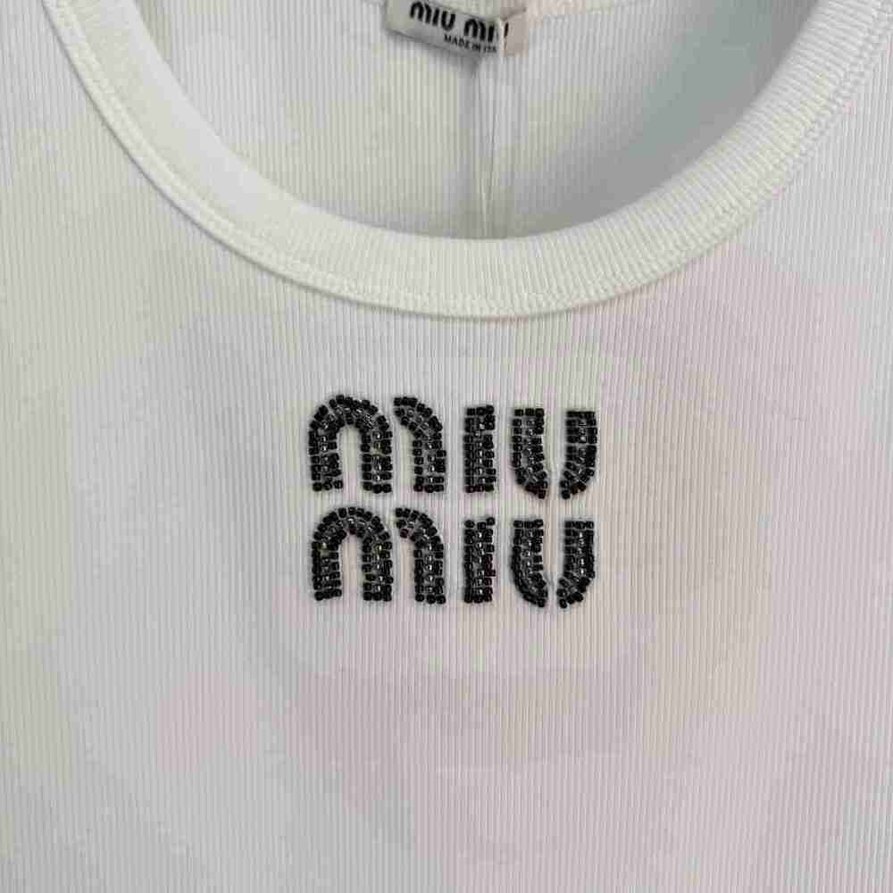 💎Miu Miu Rhinestone Logo White Ribbed U-Neck Fitted Tank Top - Picture 2 of 5